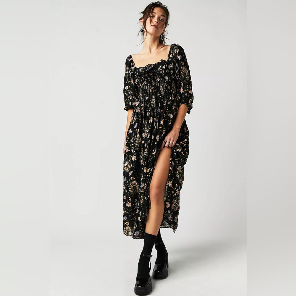 NEW Free People Oasis Floral Printed Boho Long Midi Maxi Dress Black $168 S